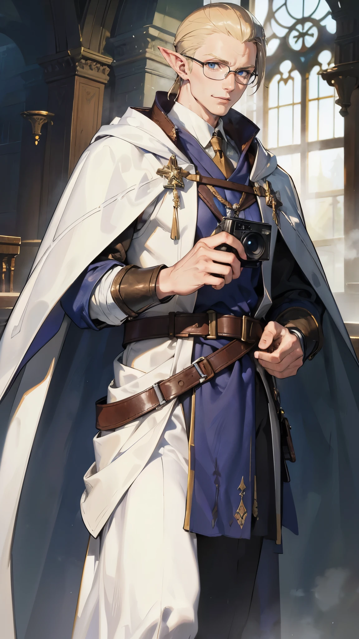 (((((male))))), masterpiece, ultra detailed, 8K Portrait, Raw photo, man's portrait photography, Highly detailed face, beautiful and meticulous eyes, ((Fantasy)), 3 (((man))), (((Male body))), elf, 190 cm, tall, Glasses, ((Blonde)) Ponytail (((slick back hair))), Kind face, Smile, (((deep blue long cloak))) Fluttering in the wind, (((white long robe))), leather gaiters, Midday Sun, Hyper realistic, Strong body, Long legs, in a castle, Ambient lighting, Shadow details , Camera focus on face, strong breeze, Light fog
