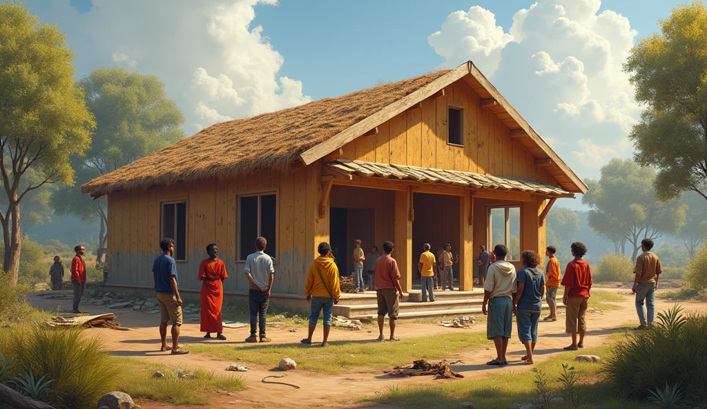 a community of many people of all gender and race that are working together and building a house