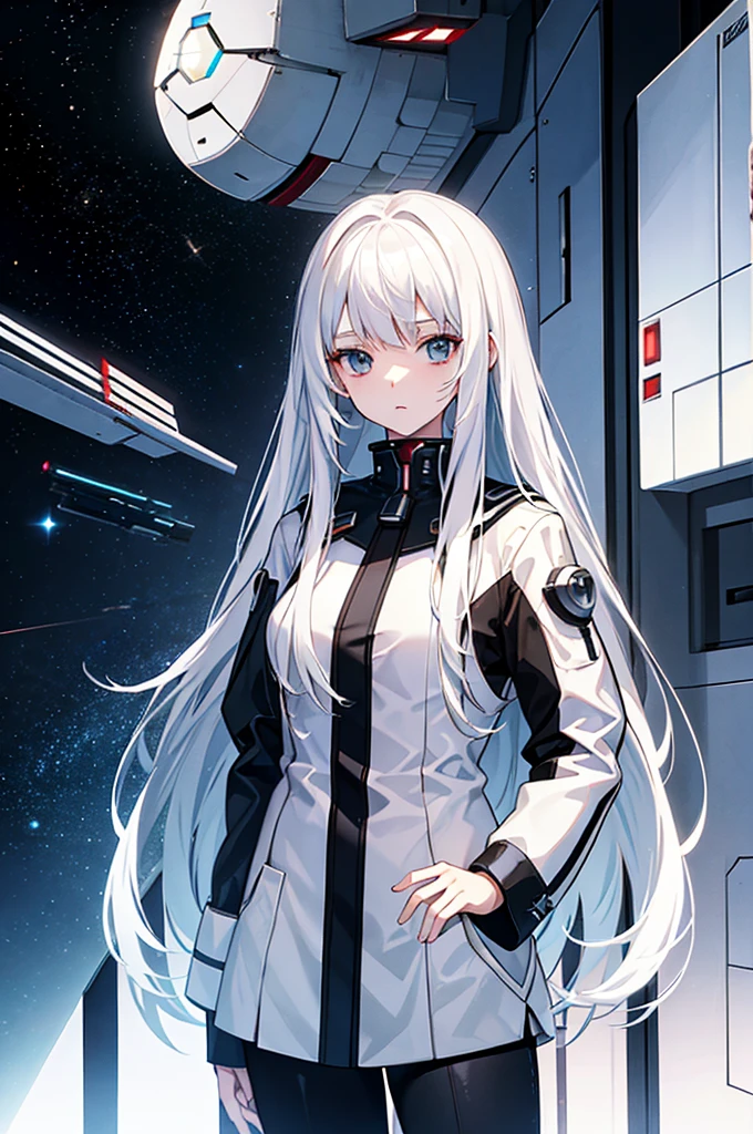 White hair，Girl，Space battleship，Gloomy environment，Masterpiece，high quality