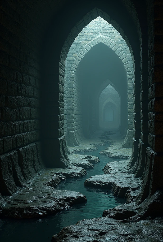 The image will be the banner of a YouTube channel. The Sewers of Dol Guldur, a dark and terrible medieval style place The place is damp, full of mud on the walls made of stone.On the ground there will be a stream of dark and fetid water
