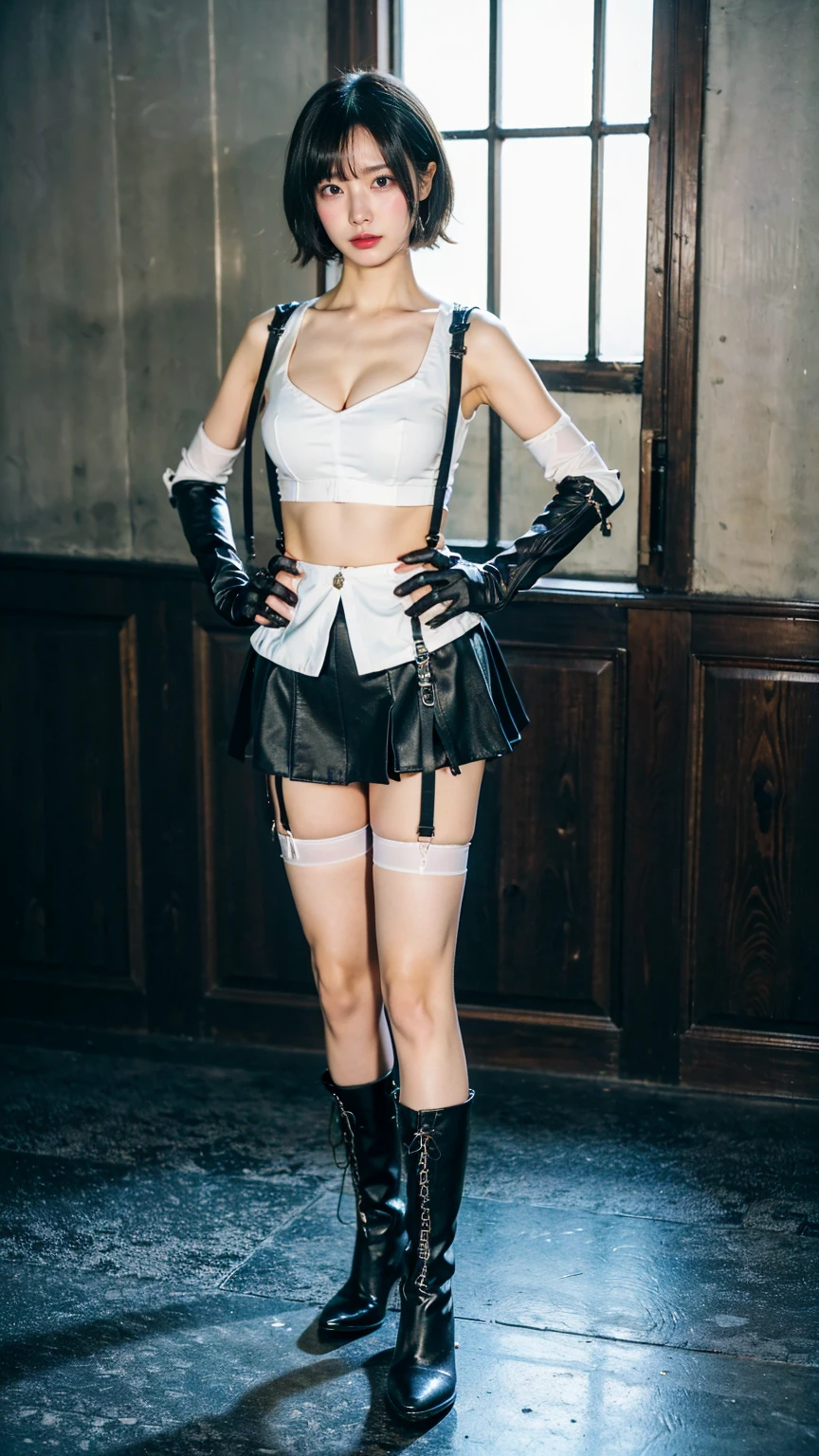 (8k、RAW Photos、Highest quality、masterpiece:1.2)、(Realistic、Realistic)、1 person、((black and white、Medium Hair、Cleavage、tights、Gloves、Garter Ring、mini skirt、Thin legs、whole body、boots、View from the front、Looking into the camera、Night Park、Stand with hands on hips))、cute