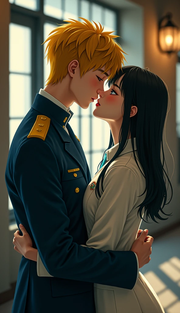 (32K:1.9, Realistic:1.9, Highest quality, masterpiece, Ultra-high resolution), Perfect dynamic composition:1.3, Highly detailed skin and facial textures:1.3, (Cute sexy slim Japanese schoolgirl, Height: 155cm), ((Slim man, Length 180cm)), ((They both close their eyes, A man carries a woman in his arms:1.3, to kiss:1.4)), Fair skin, ((Clarity:1.1)), (The guy has a great uniform:1.3, Bright yellow hair, beautiful目:1.3), (The woman is wearing a uniform with a light blue tie..:1.3, Straight black hair.:1.3, smile:0.9, A man completely charms a woman:0.9, beautiful Blue Eyes, beautiful, Clear Eyes:0.8), Sexy Face:0.4, blush:1.1, (beautifulエロティシズムを醸し出す雰囲気:0.8), Professional random camera work, Cinematic Lighting Effects, (Full Body Shot), (Too erotic), romantic, mysterious, Object of admiration, original, dramatic, artistic, Innovative, charm, Heartful, Fancy, Tilt, sense of loss, special, exciting, Extreme, sense of openness, joy, joyの表現, ((若さのcharm, 女性的なcharm))
