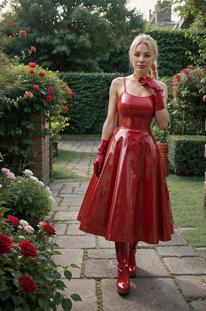 older mature blonde ponytail red latex dress long skirt garden roses sunny gloves boots