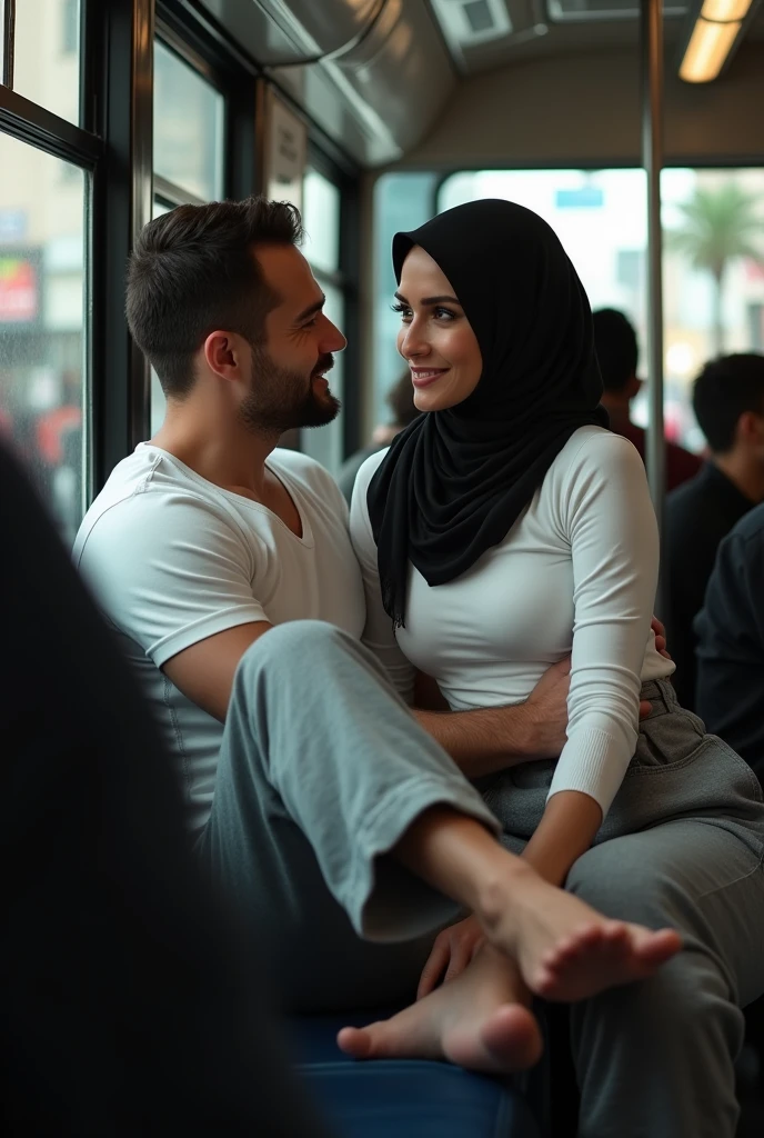 with black headscarf, white long sleeve t shirt, barefoot , Sexy skinny woman in grey sweatpants puts her feet on the man&#39;s lap on the bus. 