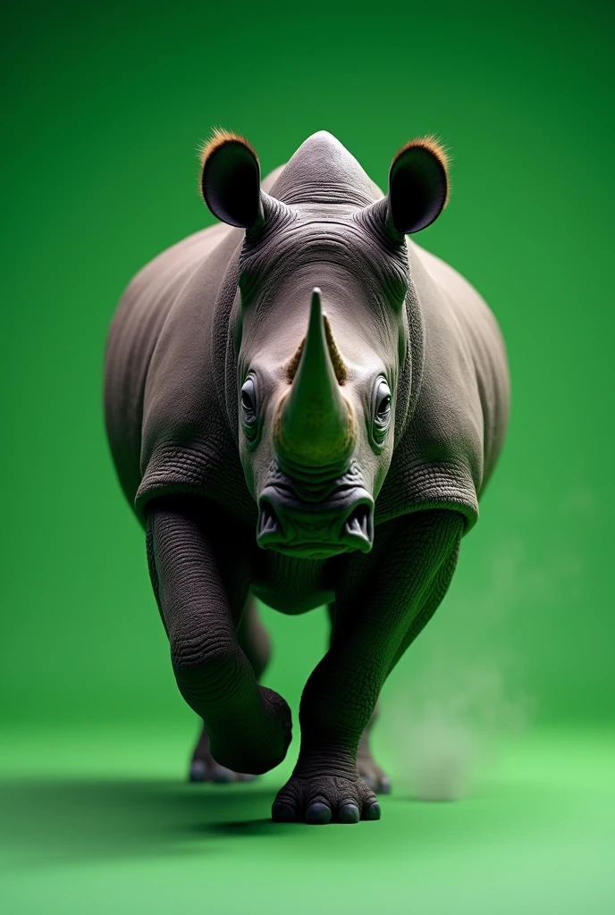 Black rhino running away, background verde chroma key