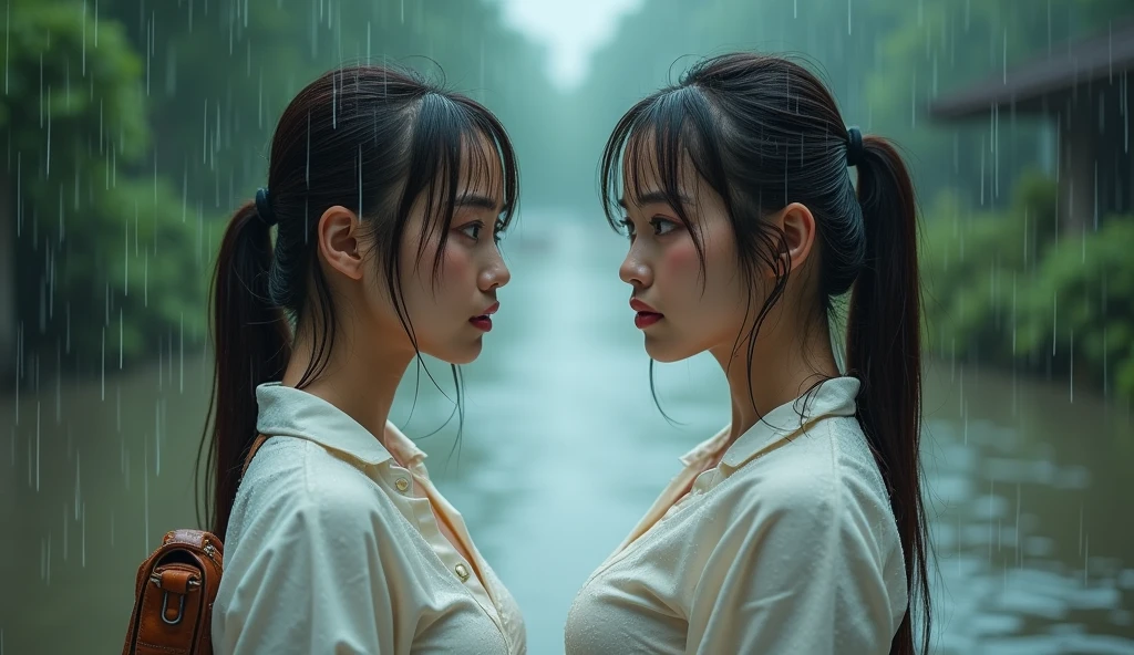 portrait of heavy rain pouring down on a beautiful 2 Asian woman, big and round breasts, her face full of water droplets, water dripping down her head, her brown hair soaked and limp, wearing a very wet white shirt, so wet that it sticks to her skin and a wet gray skirt, a totem bag on her back, water dripping from her body, under heavy rain, on a flooded road up to her calves, limited visibility, bokeh, sharp focus, best quality, masterpiece, (VERY BIG BREASTS, PROMINENT NIPPLES: 1.4)