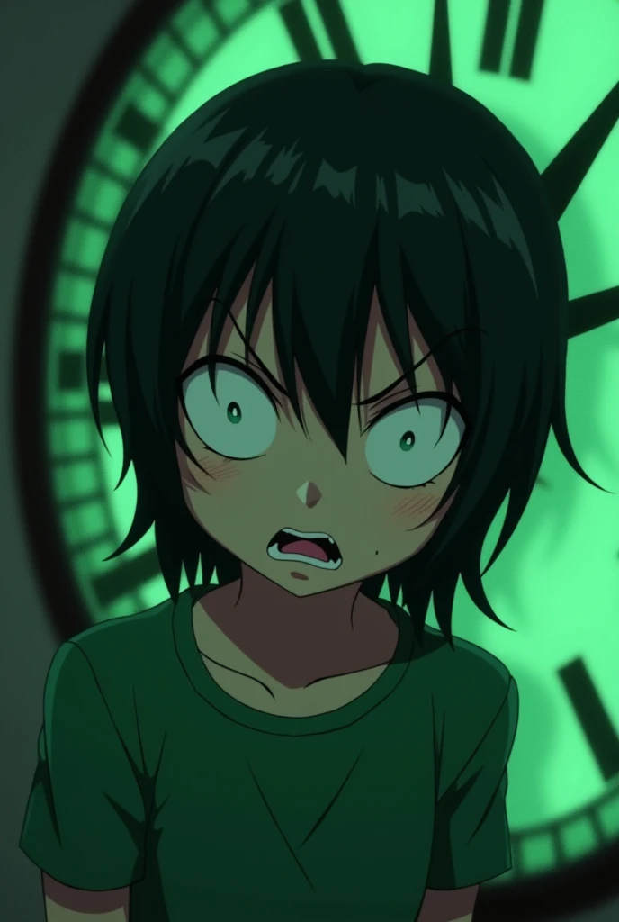adolescent,Black anime,with a clock glowing green demonstrating it,with a look of hate,and wearing green clothes.