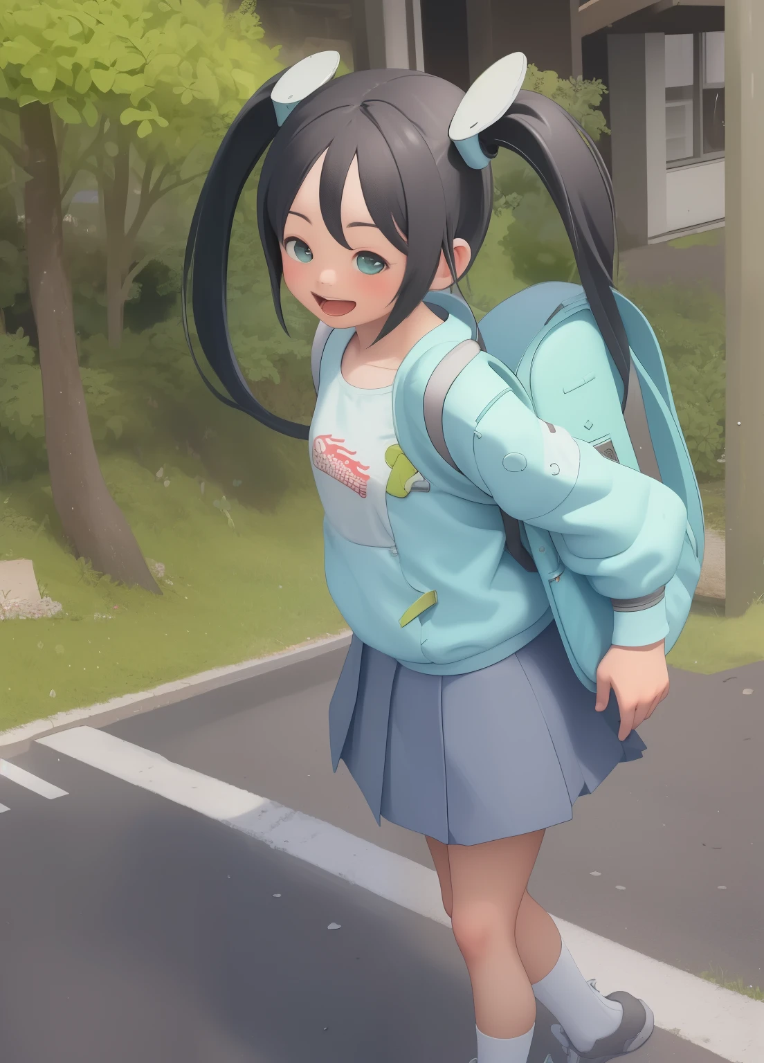 (masterpiece、Highest quality、Highest quality、Official Art、Beautiful and beautiful:1.2)、(One person:1.3)Hatsune Miku、Twin tails,Beautiful breasts, Katsushika Hokusai,masterpiece, Highest quality, plural, Backpack, bag, Three people, skirt, close your eyes, Black Hair, school bag, Open your mouth, short hair, Brown Hair, Outdoor, smile, sneakers, Twin tails, shoes下, shoes, child, road, walk, wood, Day, ^_^, short Twin tails, running