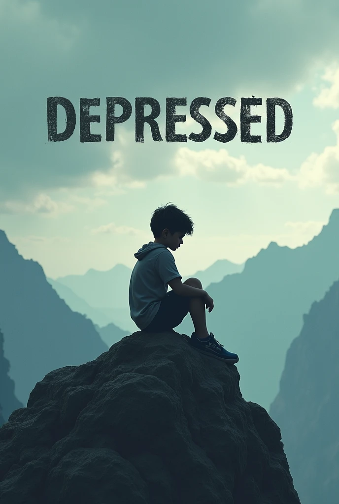 A young boy sit in the top of tha mountain and he is depressed a.i realistic and in sky write depressed