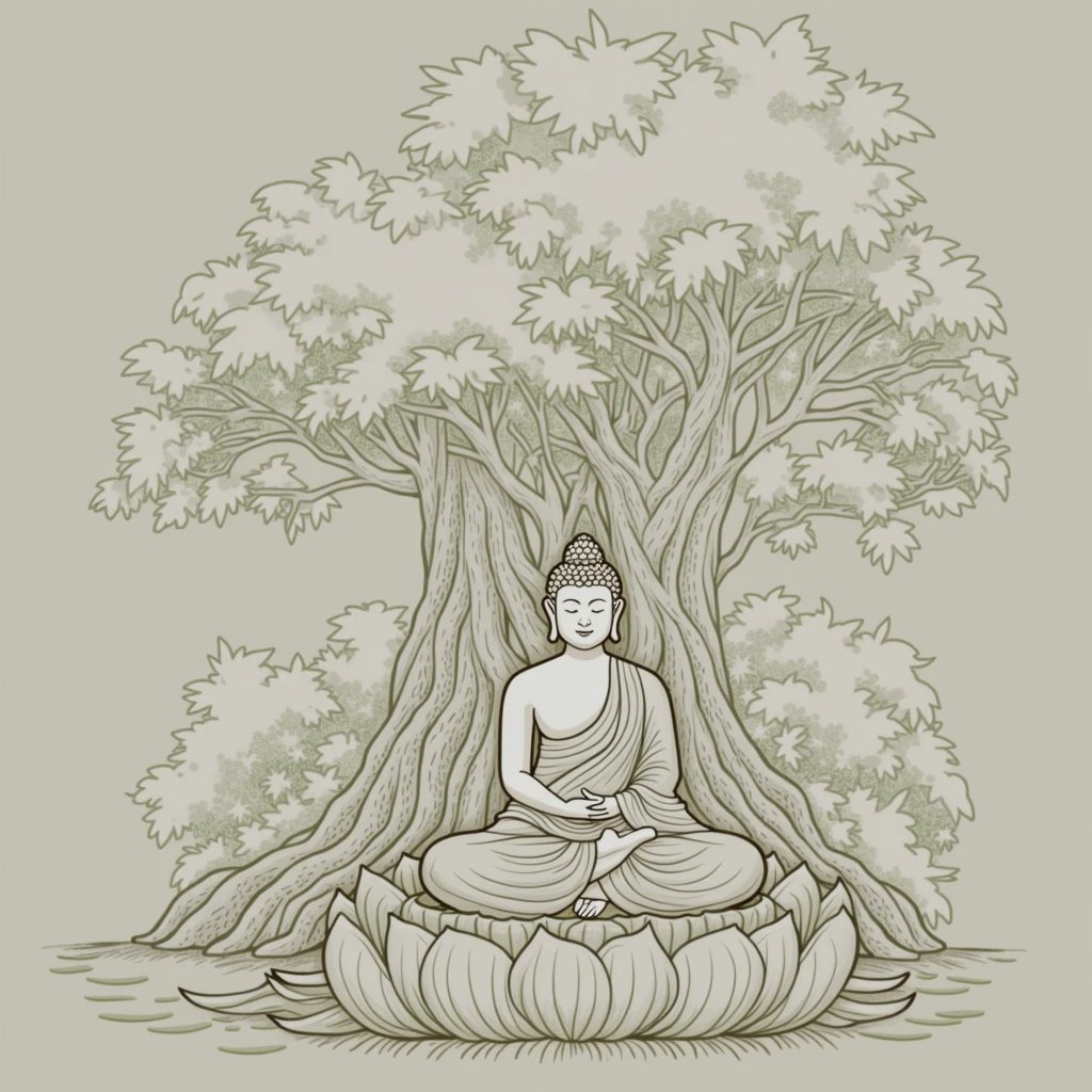 Buddha is meditating on a lotus flower under a big banyan tree.,Behind is a lush green forest., Surrounded by a peaceful atmosphere" Realistic,