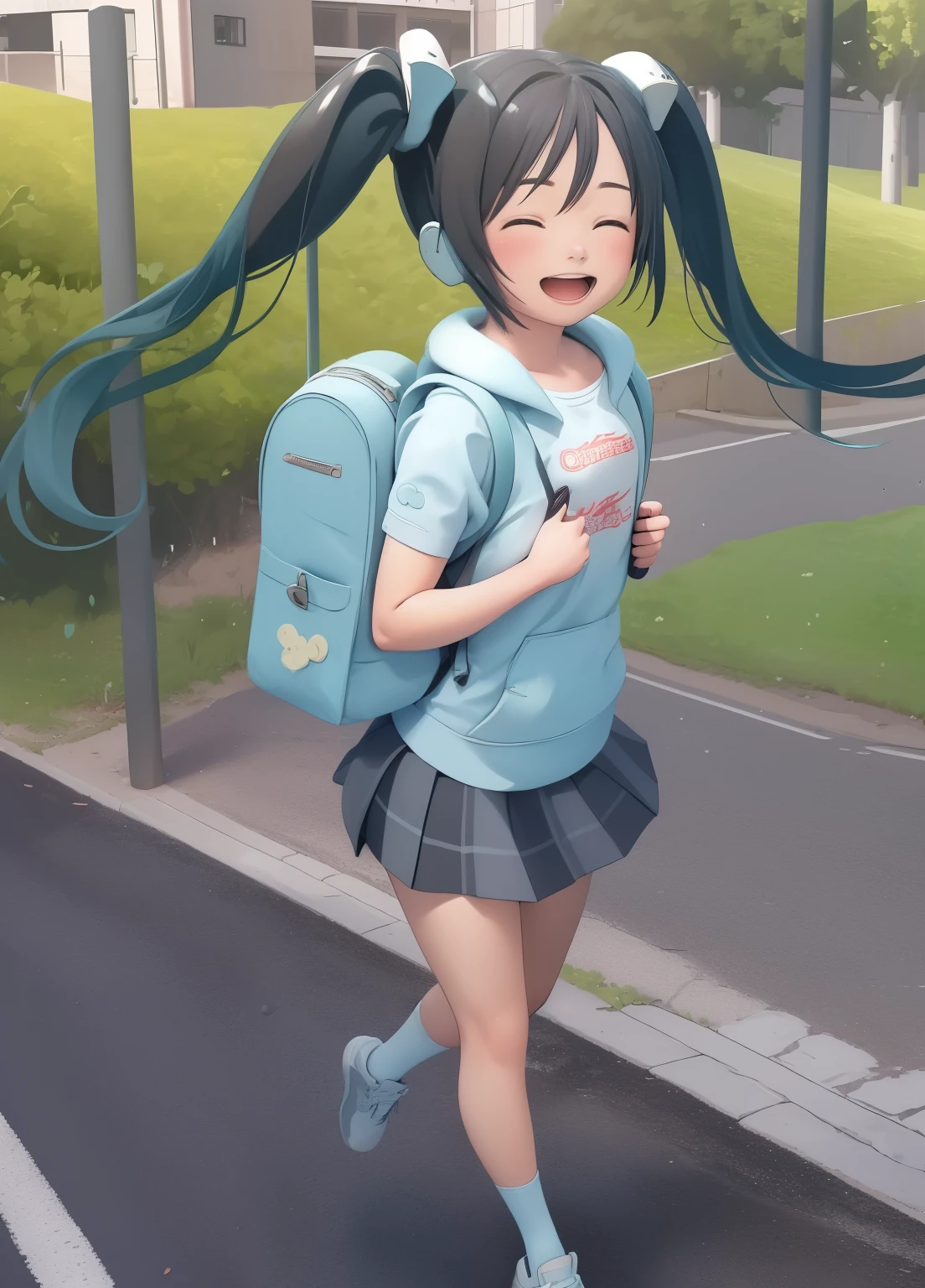 (masterpiece、Highest quality、Highest quality、Official Art、Beautiful and beautiful:1.2)、(One person:1.3)Hatsune Miku、Twin tails,Beautiful breasts, Katsushika Hokusai,masterpiece, Highest quality, plural, Backpack, bag, Three people, skirt, close your eyes, Black Hair, school bag, Open your mouth, short hair, Brown Hair, Outdoor, smile, sneakers, Twin tails, shoes下, shoes, child, road, walk, wood, Day, ^_^, short Twin tails, running