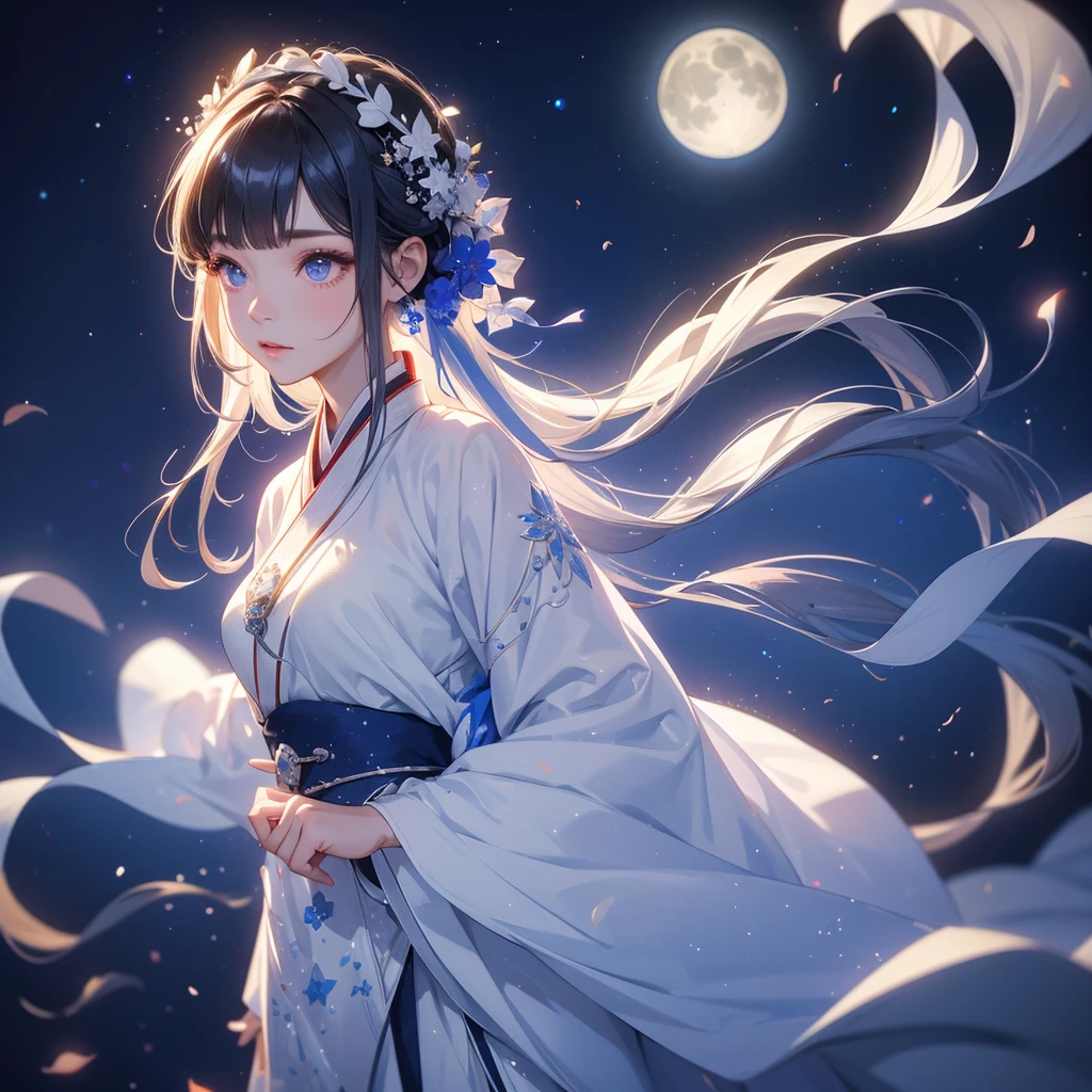 A beautiful female in white hanfu dress , Standing in the middle of dark night, with moonlight and millions of stars, twinkling everywhere, with blue light, close up.