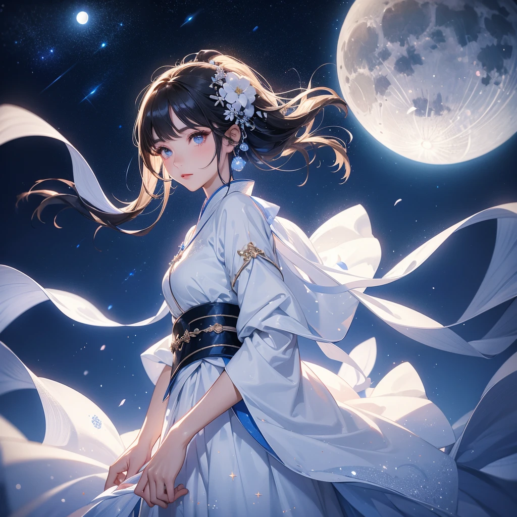 A beautiful female in white hanfu dress , Standing in the middle of dark night, with moonlight and millions of stars, twinkling everywhere, with blue light, close up.