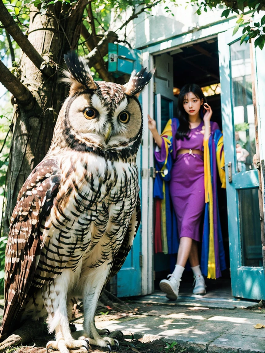 ((Top Quality)), ((Masterpiece)), ((Details)), upper body, (big eyes: 1.2), ((close-up: 1.2)), More Saturation, strong reflections, bright shade, Place the girl in the foreground at large, ((Surrealism: 1.3)), secret door, guard dog, owl, girl, "In the heart of an overgrown forest, a girl discovers a secret door hidden within the roots of an ancient tree. A vigilant watchdog guards the entrance, while an owl perches silently above, its keen eyes reflecting the mysteries beyond the door." ((colorful: 1.5)),