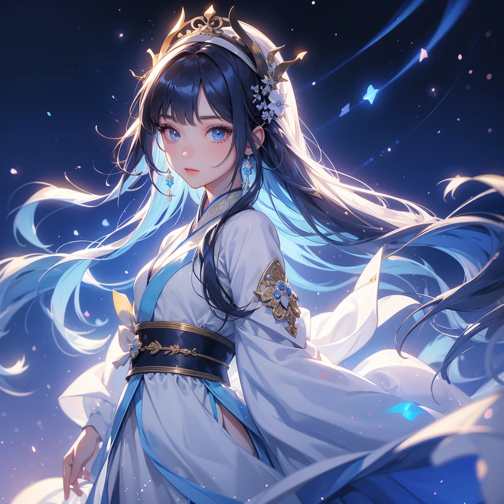 A beautiful female in white hanfu dress , Standing in the middle of dark night, with moonlight and millions of stars, twinkling everywhere, with blue light, close up.