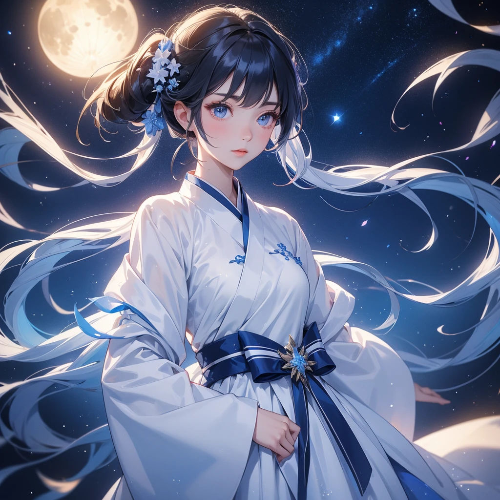 A beautiful female in white hanfu dress , Standing in the middle of dark night, with moonlight and millions of stars, twinkling everywhere, with blue light, close up.