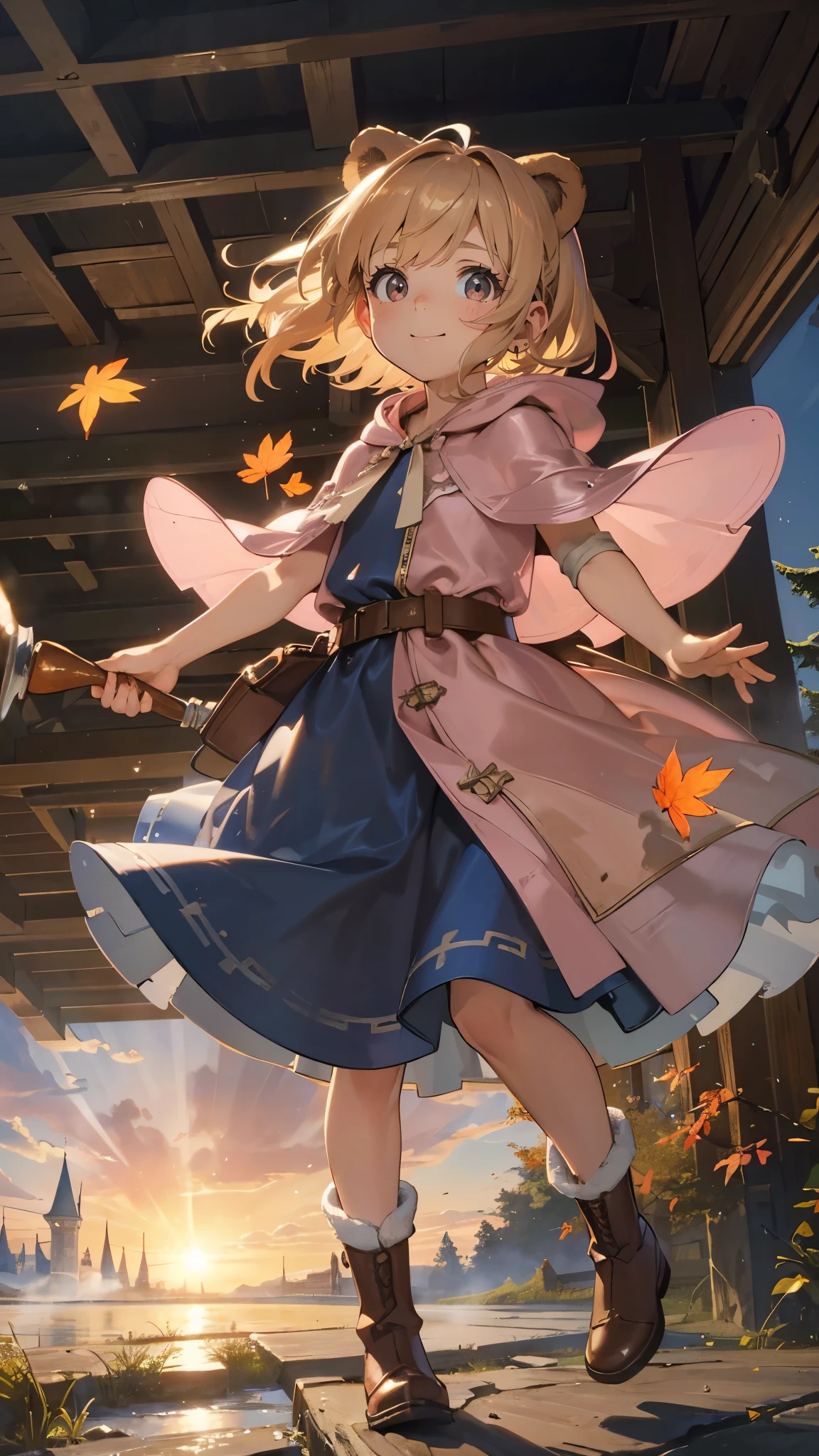 masterpiece, ultra detailed, 8K Portrait, Raw photo, a portrait photo of, Highly detailed face, beautiful and meticulous eyes, ((Fantasy)), girl, Light brown short hair, Kind face, Cute smile, adventurer, (((Little bear child ear attached Hooded))) (((Pink-brown silk long-caped))) Fluttering in the wind, Leather boots, one side blue earring, Hold a Maple Syrup Bottle, Midday Sun, Hyper realistic, in a castle, Ambient lighting, Shadow details , strong breeze, Light fog