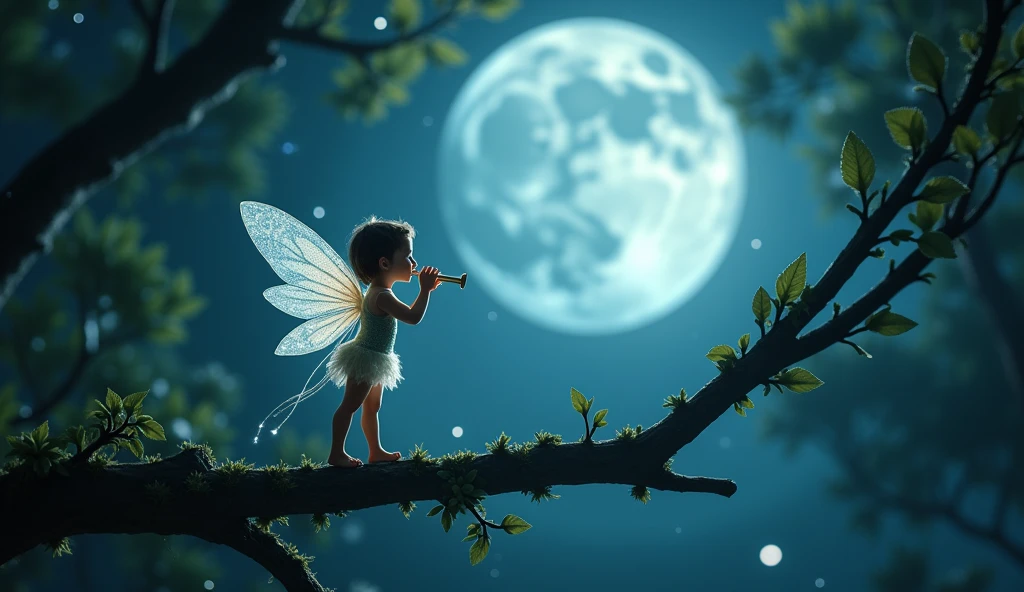 In the night forest, a tiny fairy stands on a tree branch, her transparent wings gently fluttering, and the flute in her hands glimmers under the moonlight. The 4K resolution displays every detail of her pointed ears and delicate fingers. The scene begins from a bird’s-eye view, and as the flute melody plays, the camera rotates around her, showcasing the surrounding huge round moon and the starlight filtering through the leaves, creating an immersive cinematic magical atmosphere