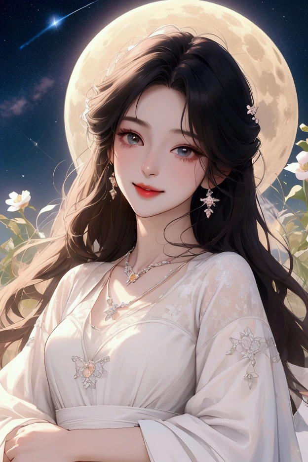 (masterpiece、Highest quality、8k、High resolution)、1 female、(Beautiful Face、Beautiful Face)、Beautiful eyes with slit length、Cute lips、Beautiful Nose、Brownish black hair、smile、(Best anime girl)、Grassland with a forest view、Walking,Colorful flowers blooming in the field,A bright night with the stars clearly visible、full moon、milky way、Mysterious light particles from the whole body、Colorful light particles、A mysterious light shining around your head、melt、jewelry、necklace、White lace dress、(Beautiful full body style)、Highly detailed anime art、A complete portrayal、