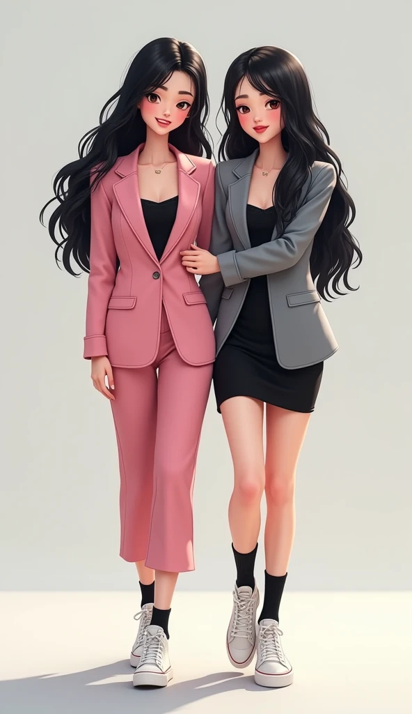 Two young womens, long black hairs, yuri, same height, lesbian.
The first young women wear a pink suit jacket, black shirt, black pencil skirt long 14 cm, black underpants, black socks, white sneakers high top.
The second young women wore a grey suit jacket, black shirt, black pencil skirt long 14 cm, black underpants, black socks, white sneakers high top.
they're walking, wrapped around the waist, smiled, light grey background, novel cartoon, 4K, HD.