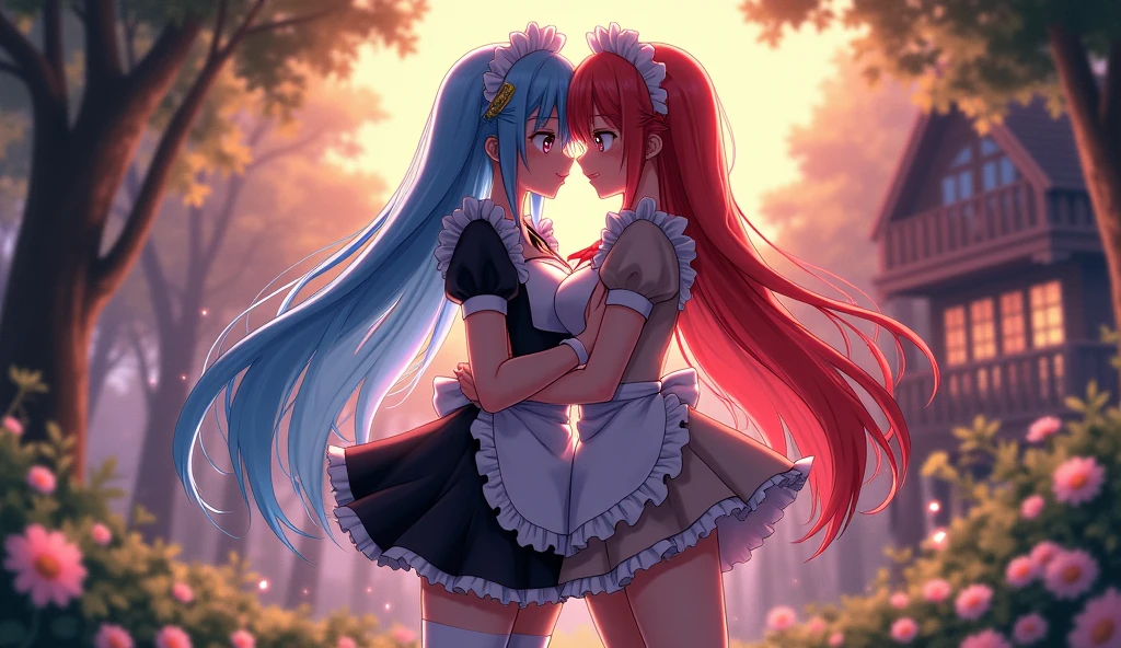 Ram and Rem anime, sexy, , the forest, twilight, girl on the right red hair, girl on the left blue hair, , long hair, hair pins, maid headdress, effects, stockings, big breasts, House in the background, kiss, Passion , 1 leg raised, flowers on the background