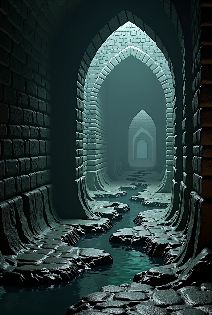 The image will be the banner of a YouTube channel. The Sewers of Dol Guldur, a dark and terrible medieval style place The place is damp, full of mud on the walls made of stone.On the ground there will be a stream of dark and fetid water