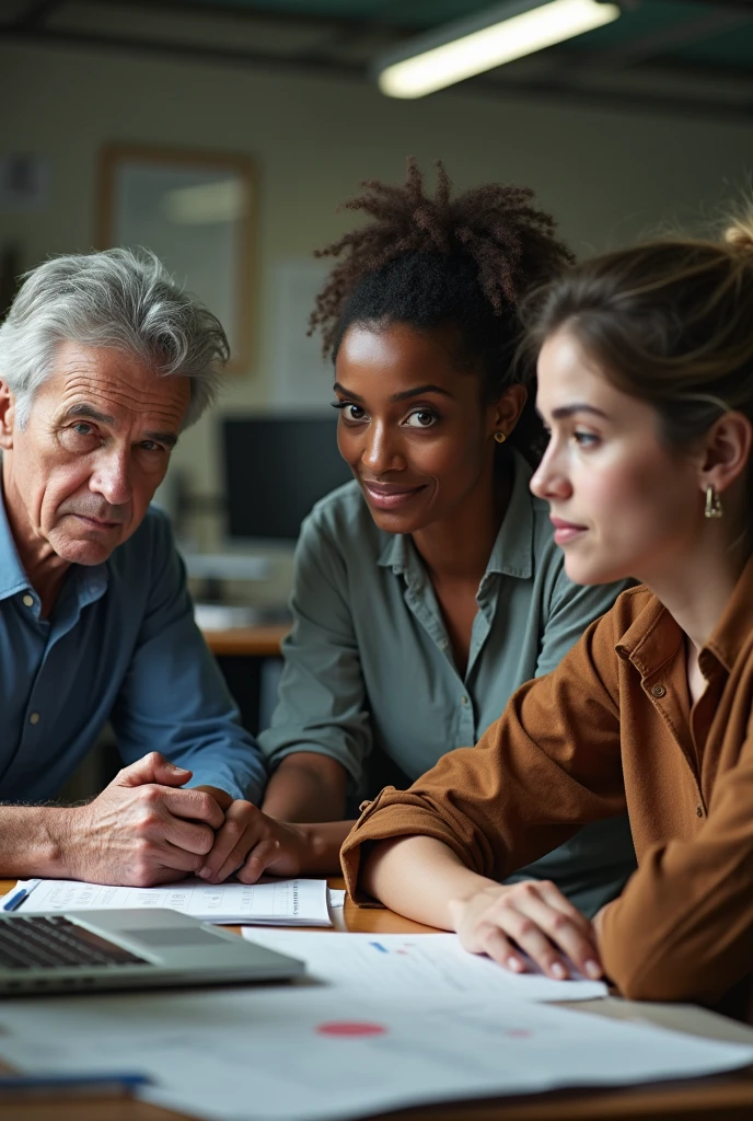 A realistic image of a group of coworkers of varying ages and genders working together in a typical office setting. The group includes an older man with graying hair and visible wrinkles, a middle-aged woman with light brown skin, subtle freckles, and signs of fatigue under her eyes, a young man with dark skin and a slight five o'clock shadow, and a young woman with fair skin, some blemishes, and slightly frizzy hair. The office environment is cluttered with desks, computers, and paperwork. The image should have natural, uneven skin textures with pores, fine lines, and imperfections, as well as slight lighting inconsistencies. The overall photo should have a slightly muted resolution, as if taken with an ordinary camera, giving it a genuine, unpolished feel that makes it indistinguishable from a real photograph.