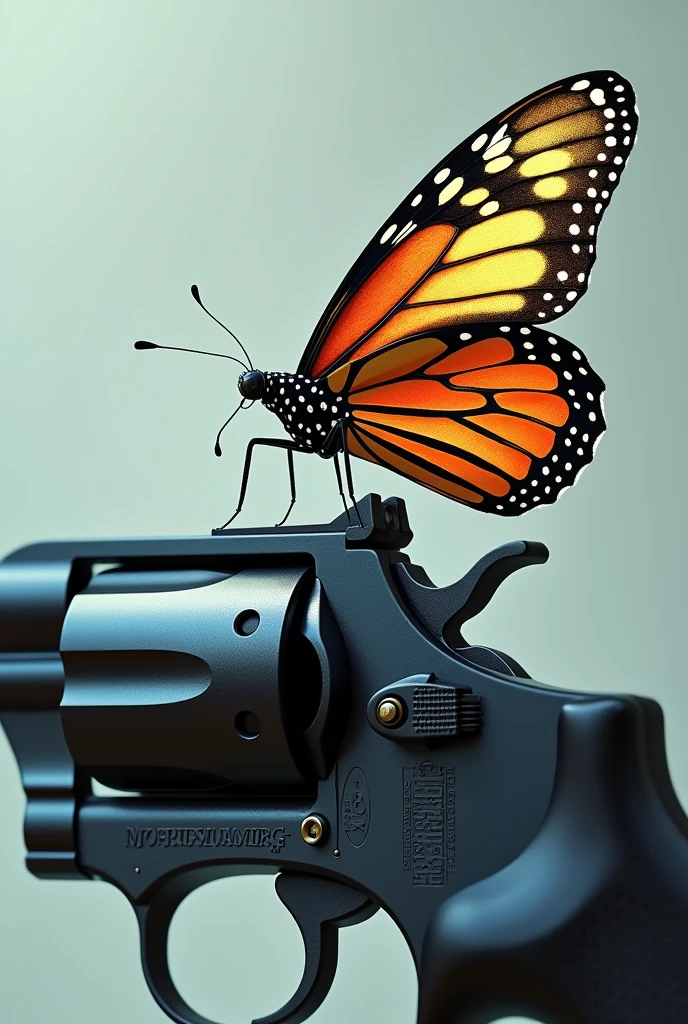 a butterfly perched on a revolver