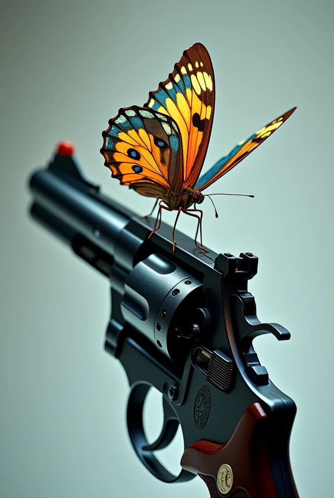 a butterfly perched on a revolver