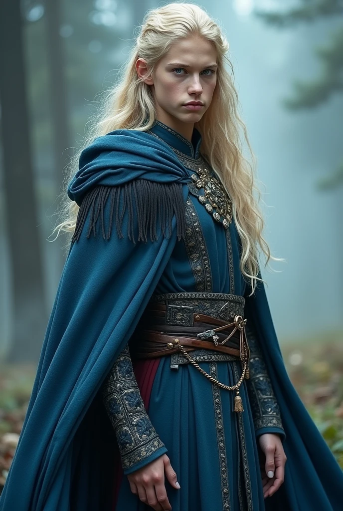 Boy , tall, Boy with feminine features, ((( blue + black outfit) Norse warriors clothes,long blond hair, detailed face, detailed blue beautiful eyes, traditional Norse outfit, full body photo (intricate:1.3), (arcane aura:1.2), (dreamlike:1.3), (subtle mist:1.1),(vibrant colors:1.2), (detailed hair:1.3), (ultra realistic details:1.5)