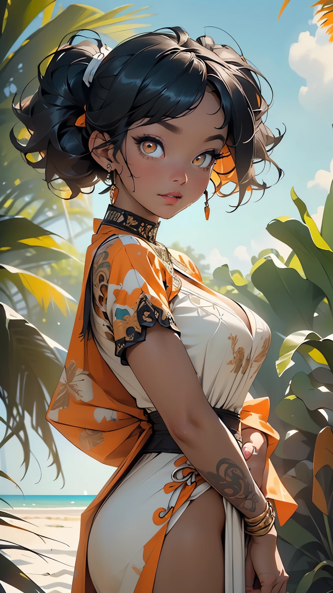 girl,1girl,
(large breasts:1.5),((Ebony dark skin, very deep ebony skin)),((carbon black skin)),((her beauty is undeniable)),((excited cute face)),((hyper detailed perfect eyes)),((carbon dark black skin)),((wet soaked puff massive giant huge pigtail afro,colored inner hair)),(((orange_eyes:1.3))),intricate eyes,beautiful detailed eyes,symmetrical eyes,((((tan,dark skin:1.3,black skin:1.35,dark-skinned_female,dark skin:1.3,ebony skin:1.3,lustrous skin:1.5,bright skin: 1.5,shiny skin,very shiny skin,shiny body)))),(spider lower abdomen,narrow waist,wide hip,athletic body,inflated legs,thick thighs),(((detailed face))),beautiful detailed lips,(((black race:1.2))),
(cute,slutty,sensual,seductive look,seductive,sexy,((erotic)),((nsfw)),
huge neckline,(wearing a Komodo jumpsuit:1.3),(((intricate outfit,intricate clothes,ornate outfit,ornate clothes))),
(cute pose:1.0),(centered,scale to fit dimensions,Rule of thirds),
outdoor,((beach rave party)),scenery:1.25,((intricate scenery)),((beach rave party background)),beach rave party atmosphere,Summer beach party,sand,beach party behind,harmonized orange sunset adding to the atmosphere of a summer beach party,beach party atmosphere,Boom festival,European rave,Cytorance festival,time golden,Ozora festival,sea,horizon,palm,palm trees,Christmas lights,
(Glossy rave ornaments),highres,sharp focus,(ultra detailed,extremely detailed),(photorealistic artwork:1.37),(extremely detailed CG unity 8k wallpaper),(((vibrant colors,vibrant theme))),(intricate),(masterpiece),(best quality),artistic photography,(photography taken by sldr),(intricate background),perfect rendered face,perfect face details,realistic face,photo realistic,((intricate detail)),(((realism))),