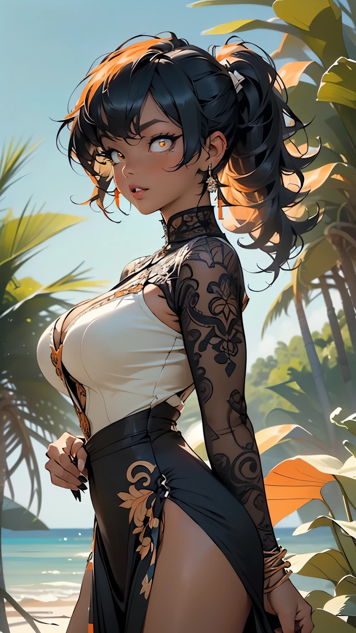 girl,1girl,
(large breasts:1.5),((Ebony dark skin, very deep ebony skin)),((carbon black skin)),((her beauty is undeniable)),((excited cute face)),((hyper detailed perfect eyes)),((carbon dark black skin)),((wet soaked puff massive giant huge pigtail afro,colored inner hair)),(((orange_eyes:1.3))),intricate eyes,beautiful detailed eyes,symmetrical eyes,((((tan,dark skin:1.3,black skin:1.35,dark-skinned_female,dark skin:1.3,ebony skin:1.3,lustrous skin:1.5,bright skin: 1.5,shiny skin,very shiny skin,shiny body)))),(spider lower abdomen,narrow waist,wide hip,athletic body,inflated legs,thick thighs),(((detailed face))),beautiful detailed lips,(((black race:1.2))),
(cute,slutty,sensual,seductive look,seductive,sexy,((erotic)),((nsfw)),
huge neckline,(wearing a Komodo jumpsuit:1.3),(((intricate outfit,intricate clothes,ornate outfit,ornate clothes))),
(cute pose:1.0),(centered,scale to fit dimensions,Rule of thirds),
outdoor,((beach rave party)),scenery:1.25,((intricate scenery)),((beach rave party background)),beach rave party atmosphere,Summer beach party,sand,beach party behind,harmonized orange sunset adding to the atmosphere of a summer beach party,beach party atmosphere,Boom festival,European rave,Cytorance festival,time golden,Ozora festival,sea,horizon,palm,palm trees,Christmas lights,
(Glossy rave ornaments),highres,sharp focus,(ultra detailed,extremely detailed),(photorealistic artwork:1.37),(extremely detailed CG unity 8k wallpaper),(((vibrant colors,vibrant theme))),(intricate),(masterpiece),(best quality),artistic photography,(photography taken by sldr),(intricate background),perfect rendered face,perfect face details,realistic face,photo realistic,((intricate detail)),(((realism))),