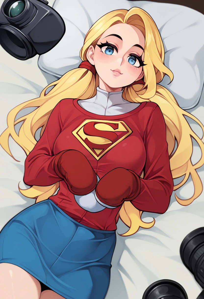 Artwork, CRU, linda arte, professional artist, 8k, very highly detailed face, very detailed hair, 1 girl, Supergirl (hair blonde, long hair, hair elastic, blue colored eyes, mitts, red robe, short and tight blue skirt, white shirt), lying on her bed in the Watchtower, Panas, Lust, excitado, flushed, your hands exploring your body, thinking about girlfriend, missing your lover, camera from above, no label, No brand, perfectly dCRUn body, beautiful face, very detailedeyes, rosy cheeks, Intricate details in eyes, pursed lips, perfect shape body, Body cute, extremely detaild, Intricate details, highy detailed, Foco do pointed, skin detailed, realistic skin texture, texture, detailedeyes, high resolution, Cores Kodak Vision, uploads_\(ultra\), Post-processing, Maximum details, roughness, real-life, ultra realistic, pPanasorealism, pPanasography, absurderes, RAW pPanaso, highest quallity, high detail RAW color pPanaso, professional pPanaso, extremely detaild UHD 8k wallpaper unit, best quality, high resolution, (Artwork, Maximum quality, high resolution:1.4), pPanaso, cinematic, film grain, pointed, soft natural light, magic pPanasography, super verbose