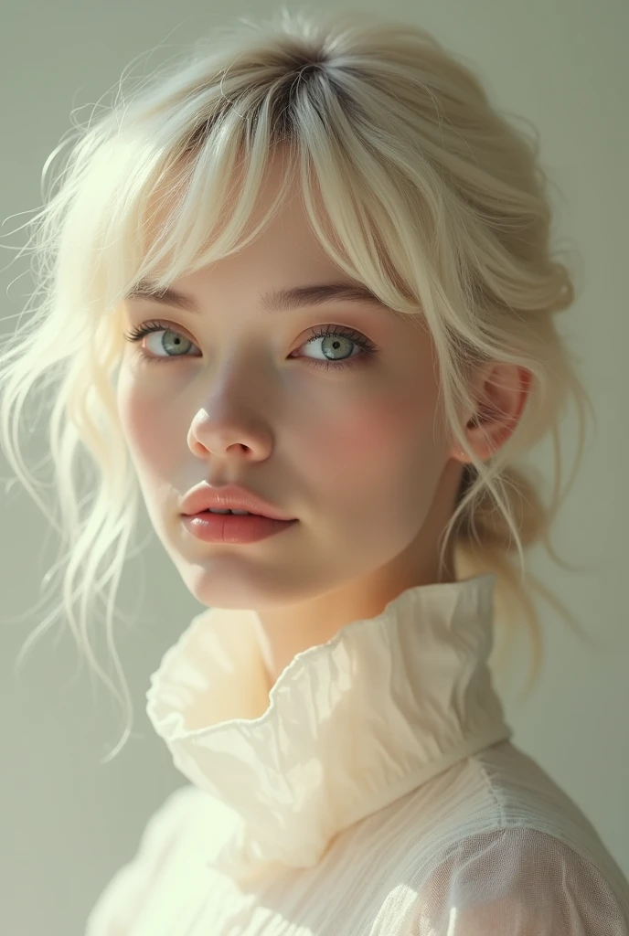 Woman, fat face, fat cheeks, almond eyes, straight eyebrow, straight nose, heart shaped lips, light cream wavy hairs, wearing cream manteau