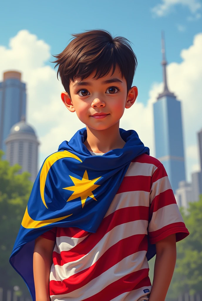 a boy with malaysian flag with face of proud