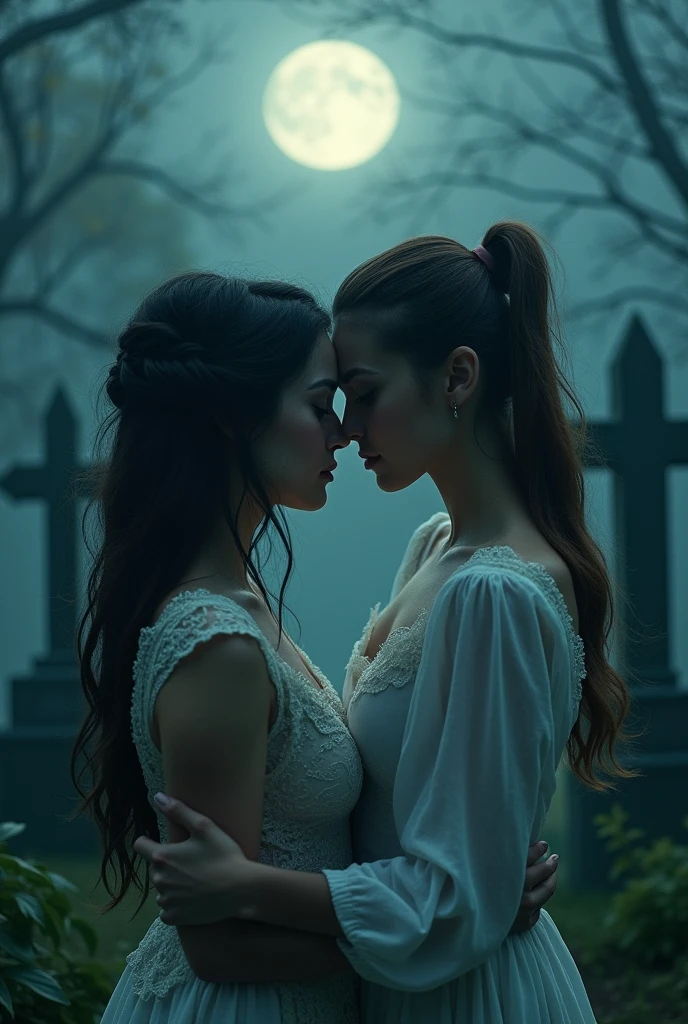 Full moon night in the background tombstones and two women with their faces touching, one of them is a spirit. Faces must be zoomed in
