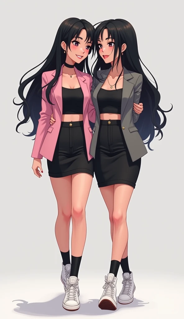 Two young womens, long black hairs, yuri, same height, lesbian.
The first young women wear a pink suit jacket, black shirt, black pencil skirt long 14 cm, black underpants, black socks, white sneakers high top.
The second young women wore a grey suit jacket, black shirt, black pencil skirt long 14 cm, black underpants, black socks, white sneakers high top.
they're walking, wrapped around the waist, smiled, light grey background, novel cartoon, 4K, HD.