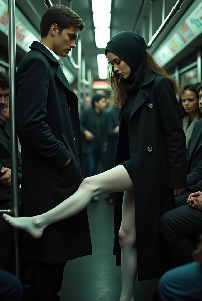 Black trench coat with headscarf, white socks,  Sexy skinny woman touches the front of the man&#39;s pants with her foot on the bus. 