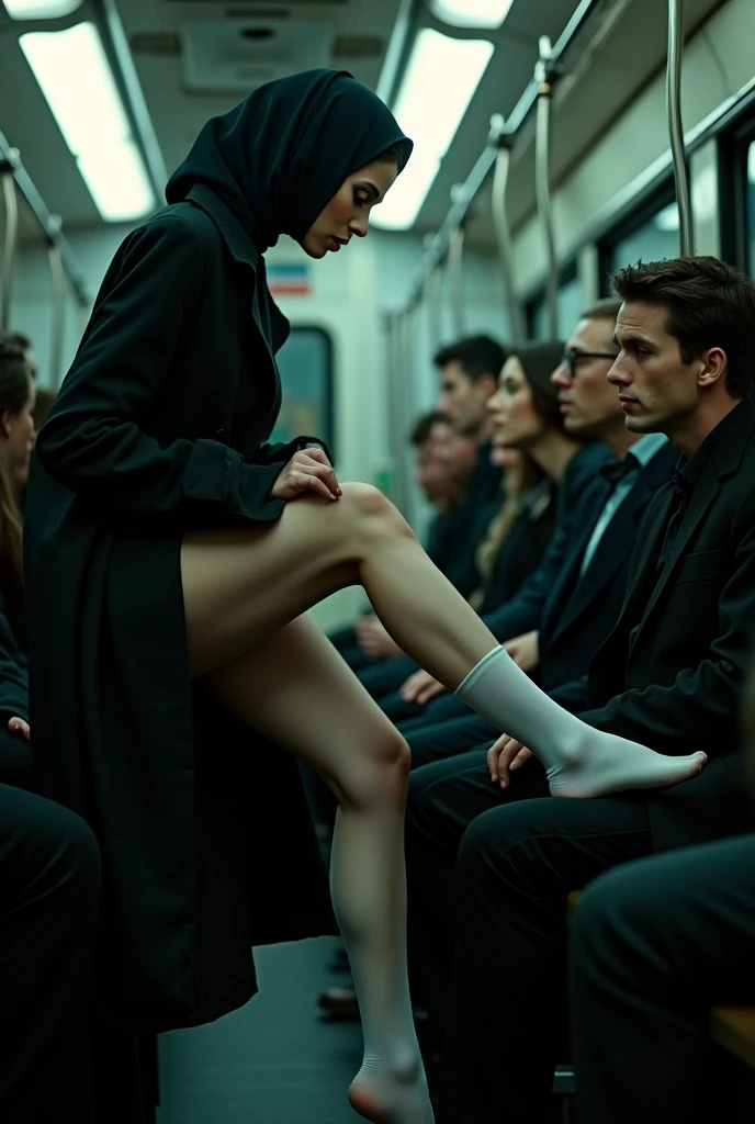 Black trench coat with headscarf, white socks,  Sexy skinny woman touches the front of the man&#39;s pants with her foot on the bus. 