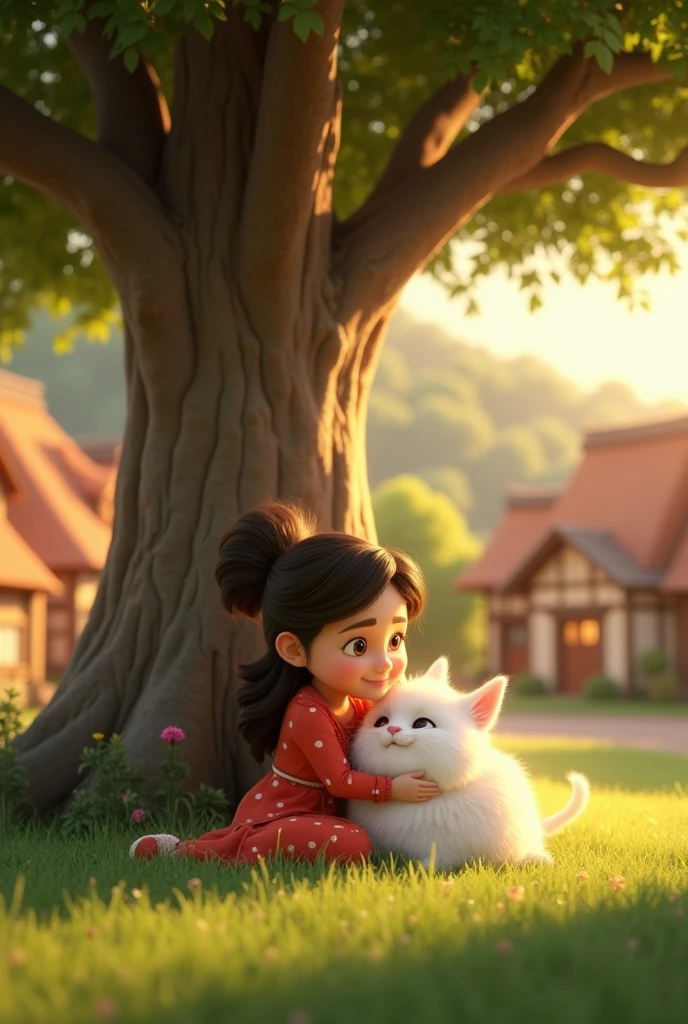 In 3D animation style "A heartwarming scene of Meera and Snowball sitting together under a large tree in the village, enjoying each other's company as the sun sets in the background, symbolizing the joy they bring to each other's lives"