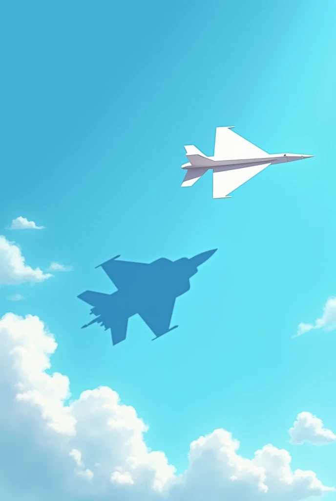 a paper plane flying in the blue sky with its shadow projected on the cloud, the shadow being that of a fighter jet