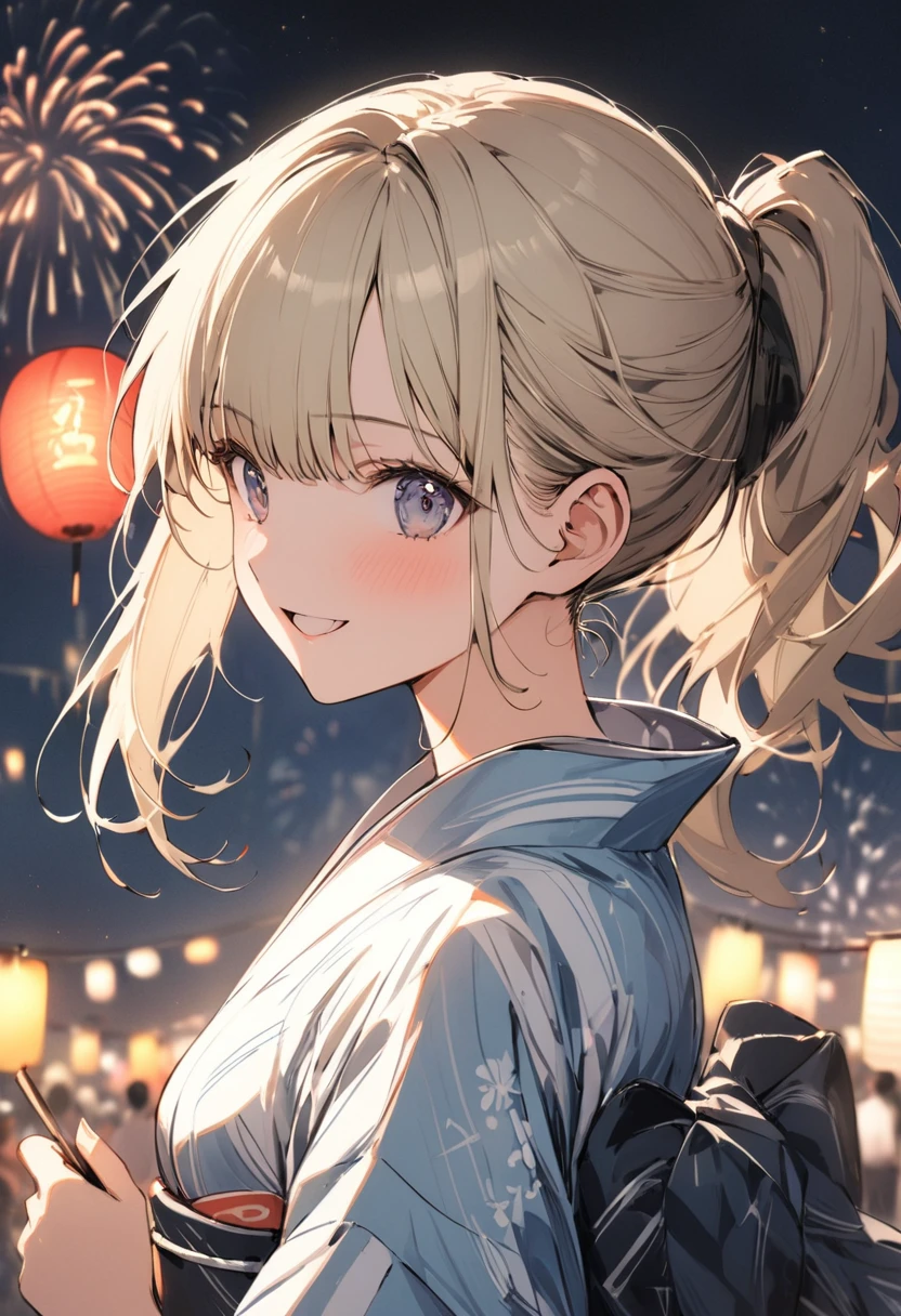 Feeling happy,Summer festival,firework,Hakata Sea,(one person, (high school girl,yukata),slim,small breasts,feminine,platinum_blonde ponytail hair,side bangs,Slope_eye),BREAK,conceptual art, masterpiece, Super Detail, Attention to detail, high quality, 最high quality, High resolution