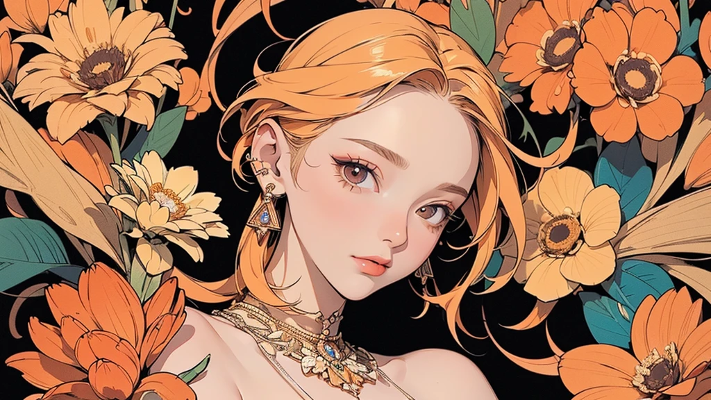 32K, 最高quality, 最高masterpiece, (ultra-Detailed Background, Detailed Background), High resolution, Super detailed, Very detailedな, 1 personの, (bouquet:1.3), (Tangled:1.2), (Geometric:1.2),(colorful),(masterpiece, quality, best quality, Official Art, Beautiful and beautiful:1.2), (1 person:1.3), Very detailed,(colorful:1.1)(Flowers:1.3),Most detailed,(Tangled:1.2), whole body, (Abstract background:1.3), (Skin glows), (Many colors:1.4), ,(Earrings Jewelry:1.5), Pale Orange Background, Gradation, It's imaginative., Flaxen Hair,