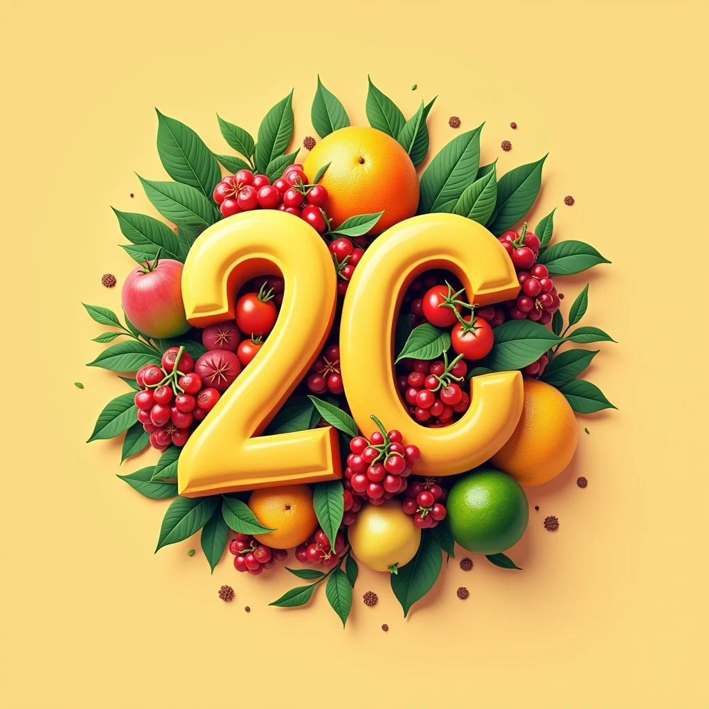 Colorfull logo with big text "2c" and many fuits and biological details in light orange background