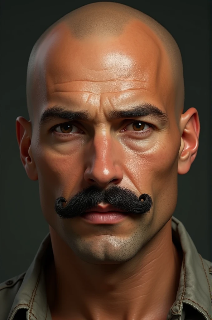 Pria remaja,kulit matang sawo, kepala botak, kumis bulat.