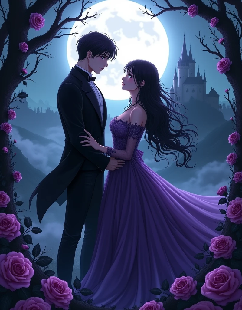 Create a anime style landscape image. Gothic fantasy-style image featuring a romantic scene under a full moon. The layout is vertical, with a dark, mystical background. The subjects are a man and a woman standing close together, gazing into each other's eyes. The woman has long, wavy black hair and is wearing a flowing, off-shoulder purple gown with intricate lace details. The man has short black hair and is dressed in a black suit with a high collar. Both have pale skin. Surrounding them are dark, thorny vines and purple roses, adding to the gothic atmosphere. In the background, a castle is visible on a hill, shrouded in mist. The moonlight casts a soft glow on the scene, enhancing the romantic and mysterious ambiance.