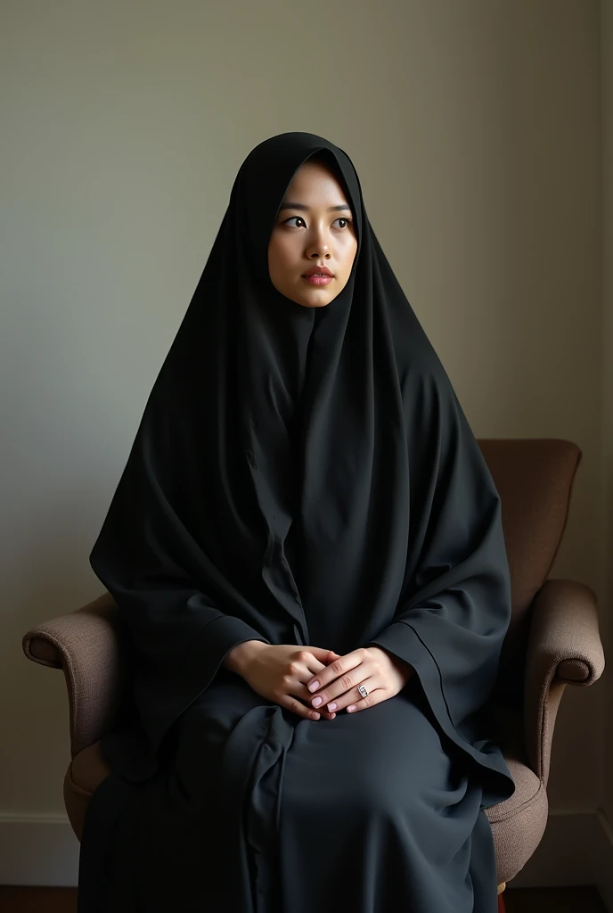 one malay women wearing niqab seat on chair,at room ,hold hijab