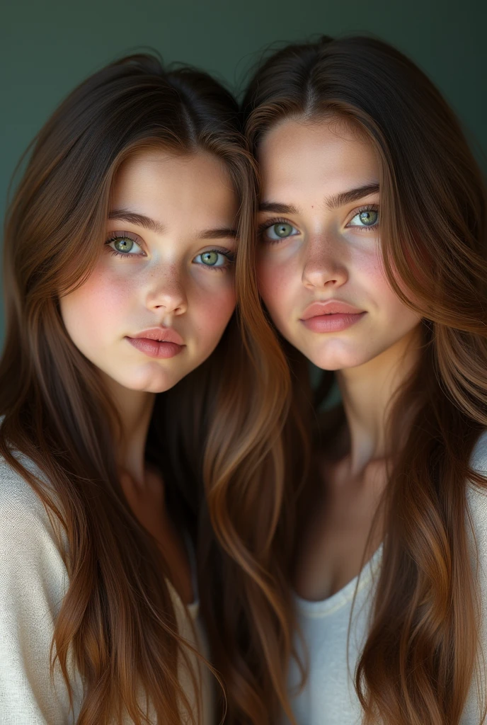 Photorealistic portrait of a 2 Italian girl with long brown hair
and striking and realistic green eyes. It must have a natural and accessible expression and
Capture this image with a high-resolution photo using an 85mm lens for a flattering perspective.