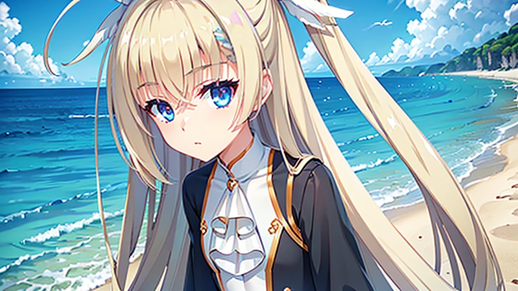 ((masterpiece)),(best quality),Official Art,Extremely detailed CG,Unity 8K wallpaper,Very detailed,Beautiful and delicate eyes,Extremely detailed face,1 girl,solitary,,(whole body:1.5),(small:1.3),，Wearing a black coat，White T-shirt，seaside，I want summer，Beach