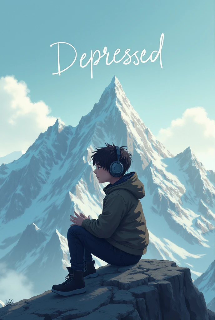 A young boy with headphones sit in the top of tha mountain and he is depressed a.i realistic and  in sky write depressed
